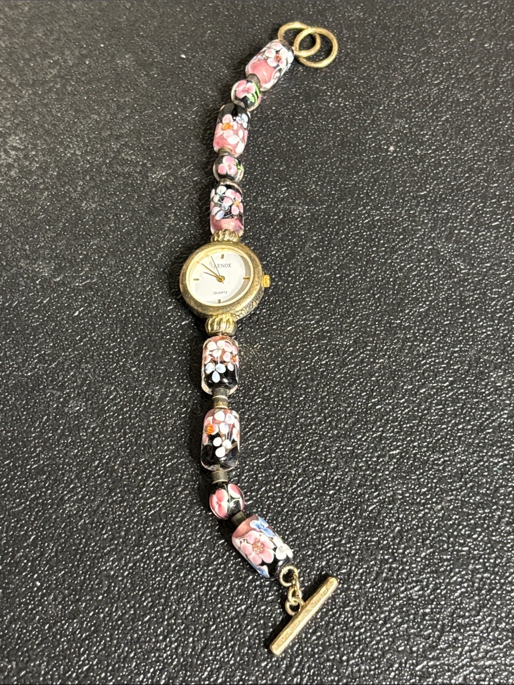 Lenox Gold-Tone Floral Glass Bead Bracelet Watch Pink Black Beads NEEDS BATTERY